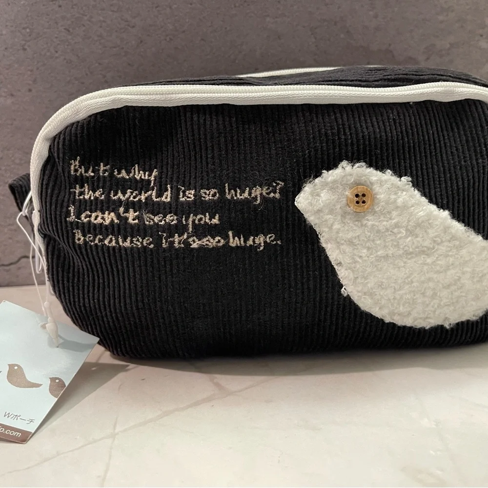 Adante iMark Black Corduroy Pouch White Bird Dead Stock RARE FIND Japan